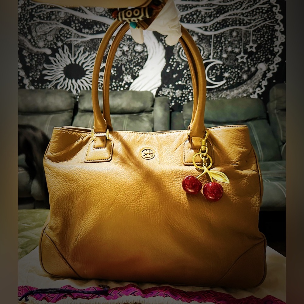 Tory Burch Tan Leather Tote with Cherry Charm - Picture 10 of 17